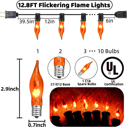 Fall Halloween Decorations Indoor Outdoor - Flickering Flame String Lights Orange Halloween Lights, 12.8Ft C7 Retro Twinkle Flame String Lights wi...