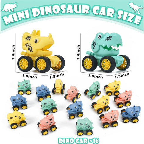 16Pcs Dinosaur Pull Back Cars Set for Kids Toddler, Bulk Mini Dinosaur Party Favors, Pinata Fillers, Goodie Bag Stuffers, Classroom Prizes,Dinosau...