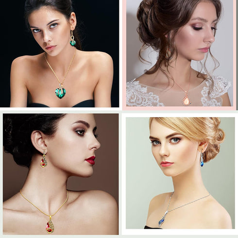 MTLEE 4 Sets Peacock Jewelry for Women, Valentine's Day Gifts Crystal Necklace Earrings, Rhinestone Waterdrop Pendant, Heart Charm Hook Earrings f...