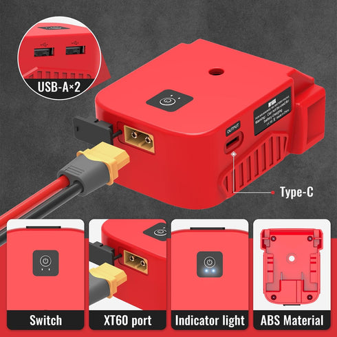 Power Wheels Battery Adapter with USB Ports & XT60 Port, Fit for Milwaukee 18v Battery, Power Adapter for Mobile Devices, Electric Vehicles, DIY P...