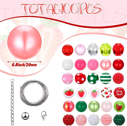 100 Pcs 20 mm Strawberry Beads Acrylic Bubblegum Beads for Jewelry Making DIY Set Including Iron Beads Alloy Clasp End Chains Wire...