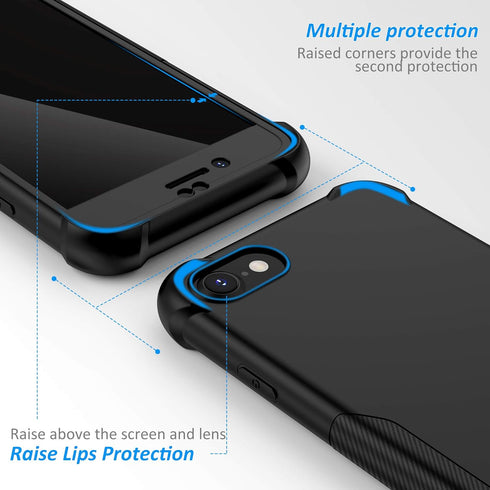 ORETECH Designed for iPhone SE 2020 / SE 2022/7 / 8 Case with 2 x Tempered Glass Screen Protector 360° Fully Protection Hard PC Soft TPU Shockproo...