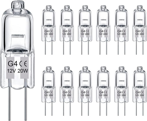 G4 Light Bulbs 20W 12V JC T3 Bi-Pin G4 Capsule Bulb, 12 Pack Crystal Clear Halogen Bulb 2 Pin, Dimmable 2700K Warm White with 2 Prong G4 Base for ...