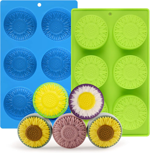Actvty Round Sunflower Soap Molds, 2 Pack 6 Cavity Cylinder Daisy Flower Silicone Molds for Making Hot Chocolate Bomb, Cake, Jelly, Soap, Lotion B...