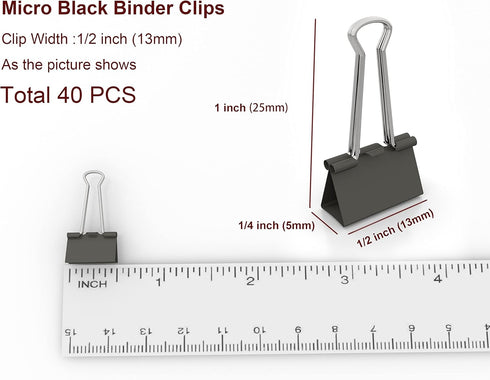 Micro Black Binder Clips Micro Metal Clamp 1/2 inch Width (Black, 40 PCS) Micro Size (Clip Horizontal Width 1/2inch) (Micro Size (Clip Horizontal ...