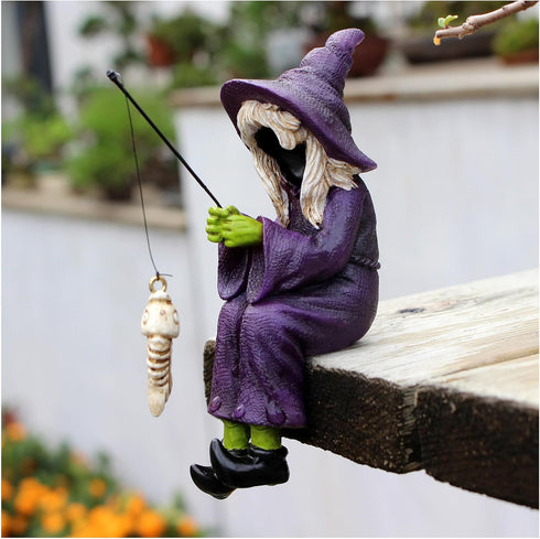 Fishing Witch Skeleton Garden Accessory, Mini Witch Fisher Sculpture Ornaments for Outdoor Garden Yard Lawn Pond Waterfalls Pool...