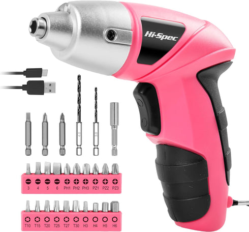 Hi-Spec Electric Screwdriver 27pc 3.6V Pink USB Small Power Screwdriver Set. Cordless Screwdriver & Rechargeable Screwdriver with Driver Bit Set...