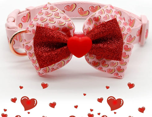 azuza Valentine's Day Dog Collar Removable Valentine Bowtie Dog Collar with Romantic Pink Sparkly Hearts Pattern Adjustable Spring Dog Collar Vale...