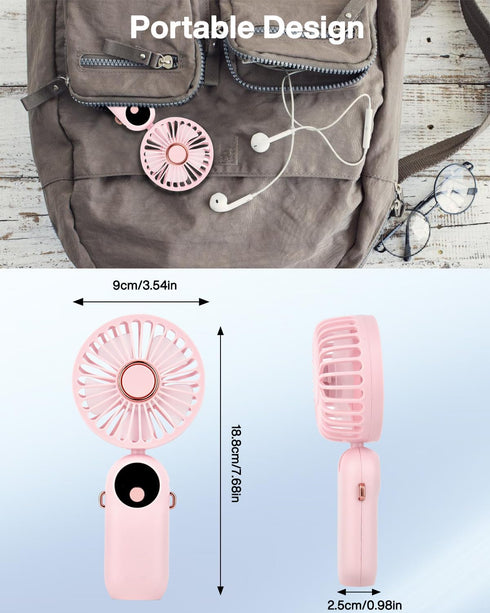 Handheld Fan, Portable Fan Mini Desk Fan 90° Foldable 5 Speeds Standing Fan with Base, Battery Operated Neck Fan with Lanyard, USB Rechargeable Fa...