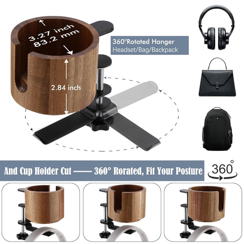 Nnewvante Desk Cup Holder, 2 in 1 360° Rotating Headphone Hanger Under Desk, 360° Anti-Spill Cup Holder, Table Cup Holder for Water Bottles, Gamin...