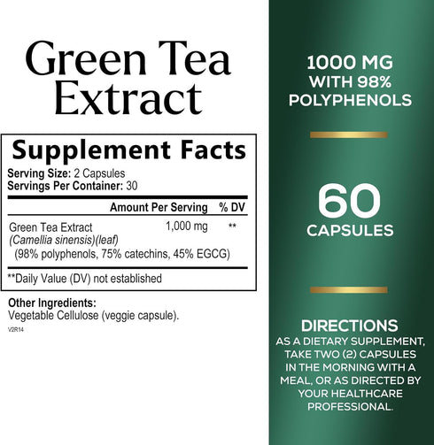 Green Tea Extract Pills 1000mg with EGCG for Heart Support with Antioxidants - 98% Standardized Polyphenols - 3X Absorption Green Tea Capsules for...