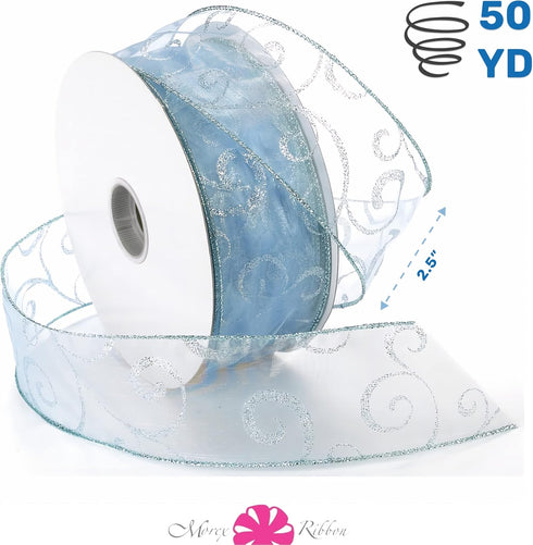 Morex Ribbon 7416.60/50-602 Swirl 2.5" X 50 YD Nylon Sheer Curling Wired Glitter Ribbon, Ice Blue, Holiday Ribbons for Crafts and Christmas Decora...