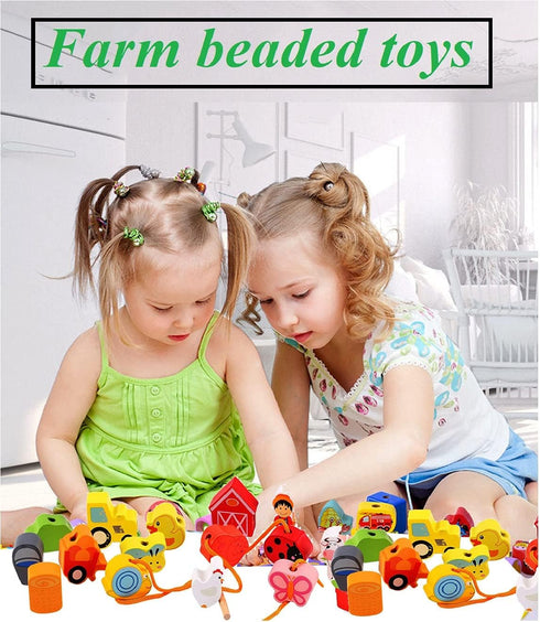 Lacing Farm Toy Wooden Block Set, Early Educational Toys String & Lacing Beads Games for Toddlers Kids Farm Animal Learning Play Set (16 Pieces)...