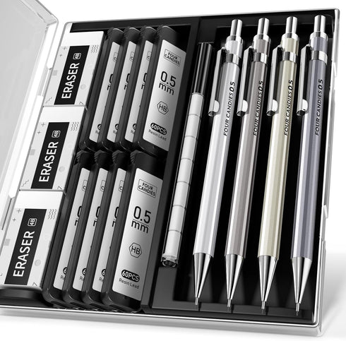 Four Candies 0.5mm Mechanical Pencil Set with Case - 4PCS Metal Mechanical Pencils, 8 Tubes HB #2 Lead Refills, 3PCS 4B Erasers and 9PCS Eraser Re...