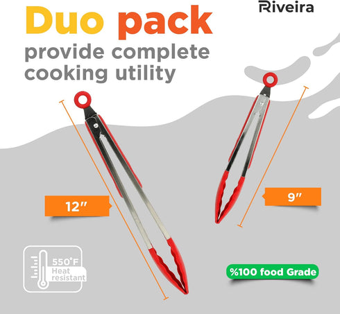 Riveira Red Tongs for Cooking with Silicone Tips | 9 and 12-Inch Pieces | Non-Stick Kitchen Grill Tongs | BBQ Tongs for Grill | 550°F High Heat-Re...