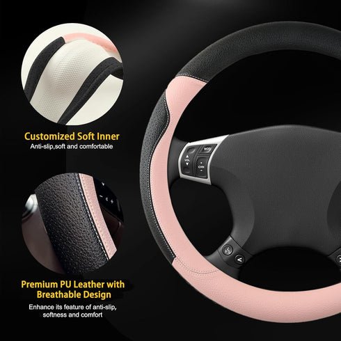 Cute Steering Wheel Cover for Women Girl, Breathable, Anti-Slip, Odourless Car Interior, Soft PU Leather Universal Car Accessory for Diverse Cars?...