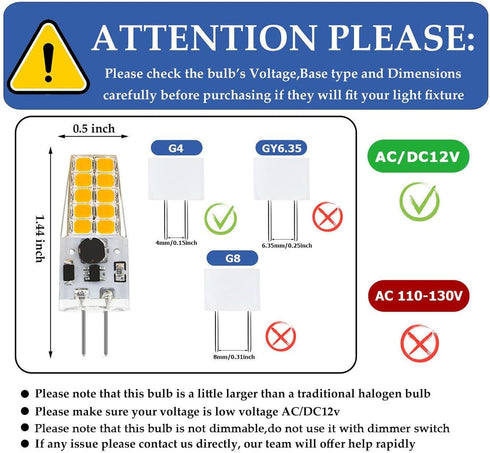 G4 LED Bulb 12V JC Tybe,20-30W T3 G4 Halogen Equivalent,6000K Daylight White,G4 Bi-Pin Base,300LM,Chandelier Lighting/Landscape Lighting, Non-dimm...