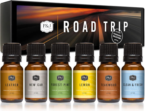 P&J Trading Road Trip Car Fragrance Oil Set – 6 Premium Scents - New Car, Leather, Forest Pine, Lemon, Clean & Fresh, Teakwood – for Car Diffusers...