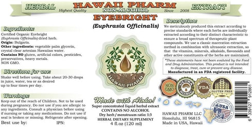 Eyebright Alcohol-Free Liquid Extract, Organic Eyebright (Euphrasia officinalis) Dried Herb Glycerite Hawaii Pharm Natural Herbal Supplement 2 oz...