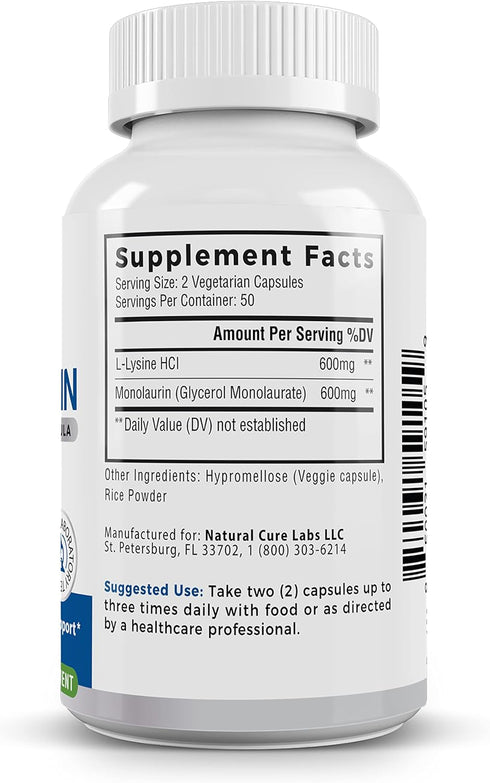L-Lysine + Monolaurin 600mg 1:1 Ratio, 1 Pack, 100 Capsules...