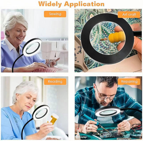 Magnifying Glass with Light and Stand 10X, Craft Lamp Adjustable Gooseneck Clip on light 12W 3 Colors Dimmable LED Desk Lamp for Reading, Working,...
