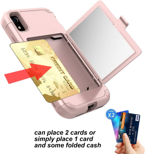 iPhone XR Wallet Case, Shockproof Heavy-Duty Hybrid Cover with Card Slot, Mirror & Kickstand, 6.1 Inch - Rose Gold...