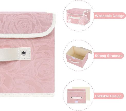 ANMINY Fabric Storage Bin with Lid Rose Print Storage Box Basket with PU Leather Handles Washable PP Plastic Board Decorative Foldable Lidded Shel...