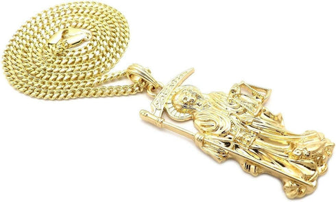 MENS SANTA MUERTE OUR LADY OF HOLY DEATH PENDANT BOX,ROPE CUBAN CHAIN NECKLACE (Cuban Chain Gold)...