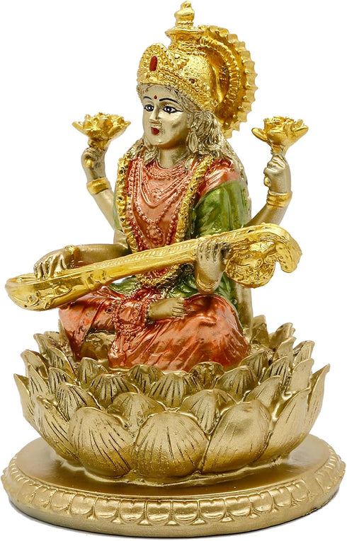 Hindu Goddess Saraswati Idol - 6.5" H Knowledge, Music, Arts Goddess Sarswati Statue Indian Diwali Gifts for Home Mandir Altar Pooja Item...