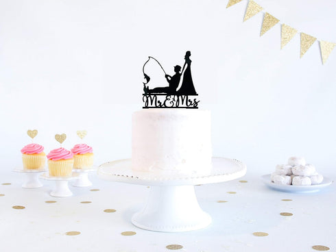 Fishing Wedding Cake Topper, Funny Bride and Groom Cake Decoration, Fishing Theme Wedding/Engagement/Bridal Shower/Anniversary Cake Decoration...