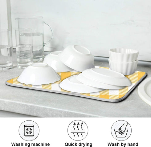 Qilmy Yellow Checked Dish Drying Mat for Kitchen Countertop, Absorbent Dry Mats for Dishes Draining Pad-18" x 24"...