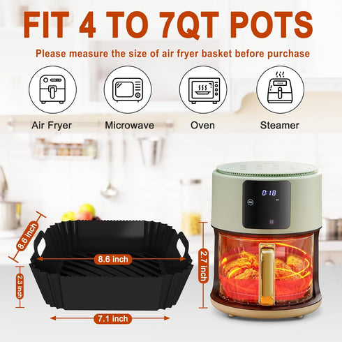 2 Pack Silicone Air Fryer Liners Reusable, 8.6 Inch Airfryer Liners 4-7 QT Square Air Fryer Liners Silicone Pot Oven Liner Baking Tray, Air Fryer ...