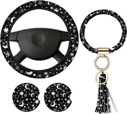4 Pieces Black Moons White Stars Print Car Accessories Set Black Moons White Stars Steering Wheel Cover with 2 Pieces Car Cup Mats and Leather Key...