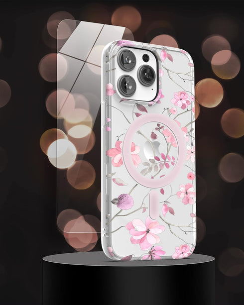 ENCASED Magnetic Case Designed for iPhone 14 PRO with Screen Protector - Compatible with MagSafe Phone Accessories (Pink Flowers)...