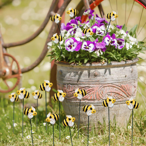 10Pcs Bee Garden Stakes Decor Metal Yard Art Ornaments Front Yard Art Stick Floral Picks Spring Summer Resin Bumble Bees Garden Stakes Outdoor Law...