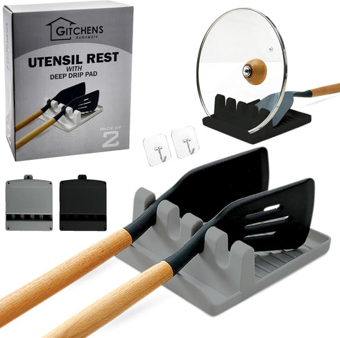 Premium Utensil And Spoon Rest with Deep Drip Pad And Pot Lid Holder | Utensils And Spoons Cooking Stand for a Clean Grill, Stove And Kitchen | 2 ...