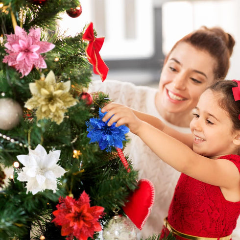Christmas Poinsettia Artificial Flowers Decorations 5.5" Christmas Tree Wreaths Garland Decoration 12 Pcs Glitter Flowers Picks Decor for Xmas New...