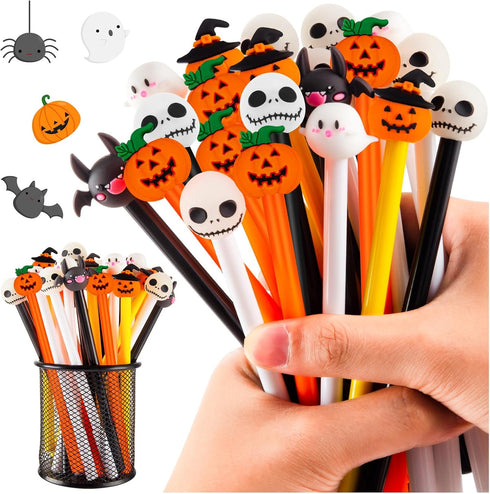 30 Pcs Halloween Pens, Pumpkin Skull Heads Ghost Bat Shape Pens, 0.5 MM Bulk Black Rollerball Pen for Halloween Thanksgiving Party Supplies School...