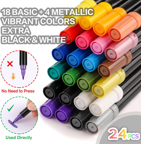24 Dual Tip Acrylic Paint Pens Markers, Metallic and Extra Black & White Paint Pen with Fine Tip & Brush Tip for Wood, Canvas, Metal, Rock, Glass,...