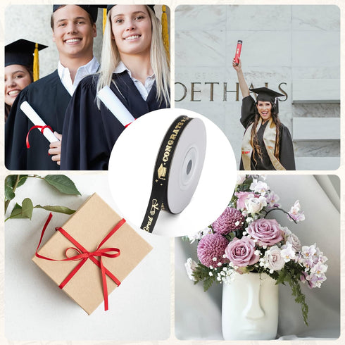 2023 Graduation Ribbon, White Graduation Ribbon with Gold Lettering for Party Favor Gift Wrapping Graduation Party Decoration 0.4Inchx10Yards (Bla...