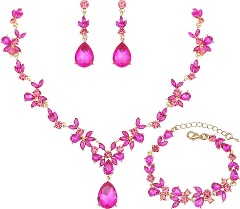 Wedding Jewelry Set for Women Bridal Floral Necklace Dangle Earrings Bracelet Set Crystal Prom Party Costume Accessories for Bride #0015...