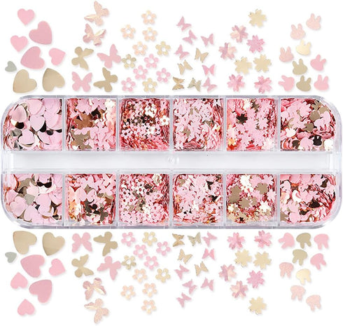 12Grids Valentine's Day Nail Glitter Sequins Holographic Gold Pink Heart Nail Art Glitter Flakes 3D Flower Rabbit Butterfly Charm Nail Sequins Gli...