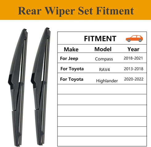 2 Pack Rear Wiper Blades for Toyota RAV4 2013-2018 / Toyota Highlander 2020-2022 / Jeep Compass 2018-2022 Back Windshield Wiper Replacement...