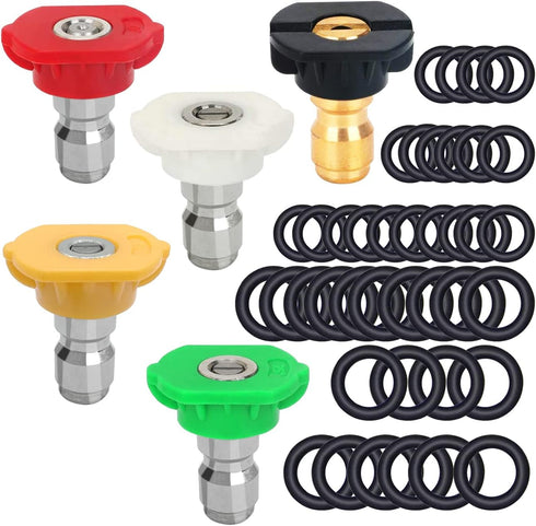 5 Pack Pressure Washer Spray Nozzles Tips + 40 Pcs O-Rings Replacement for 1/4 inch and 3/8 inch, 5 Degrees Nozzles 1/4 Inch Quick Connection Tips...