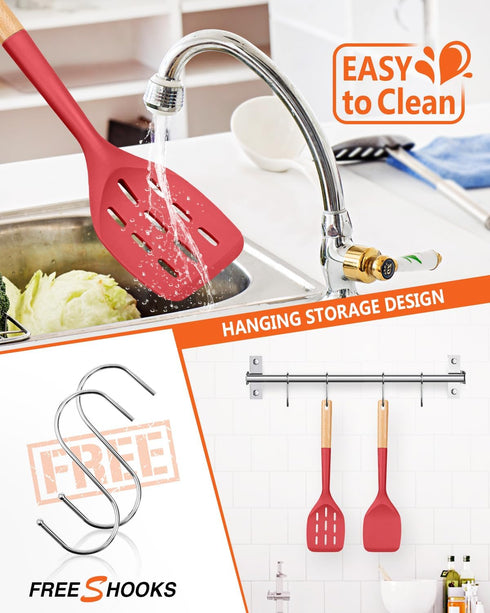 Pack of 2 Silicone Spatula, Non Stick Cooking Utensil Set Wooden Handle Kitchen Turner for Baking Mixing Grilling Serving Food Heat Resistant Non ...