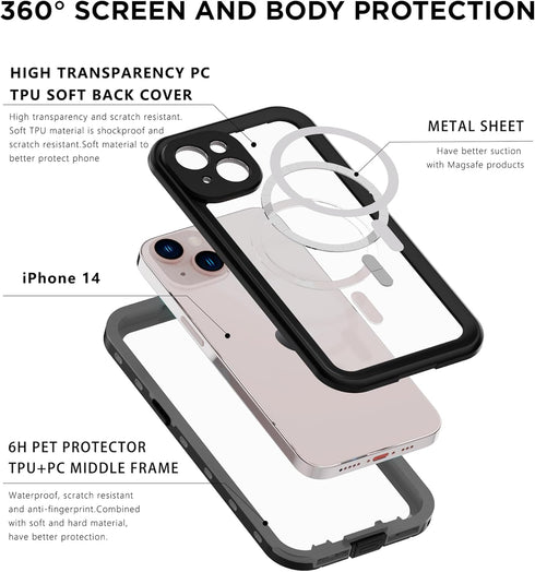 iPhone 14 Waterproof Case -Full Body Protection, Built-in scratch resistant & anti-fingerprint Screen Protector, Wireless Charging, Dust,Drop,Snow...