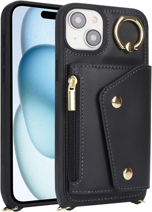for iPhone 15 Plus Case with Card Holder and Strap - Zipper Pocket,Crossbody Lanyard Strap,Credit Card Holder,Stand Ring,Cute Phone Wallet Case fo...