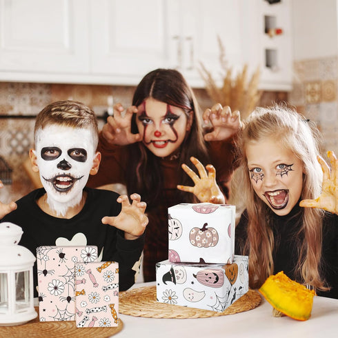 AnyDesign 12 Sheet Halloween Wrapping Paper Boho Pink Pumpkin Ghost Gift Wrap Paper Bulk Folded Flat Halloween Print Art Paper for Halloween Birth...