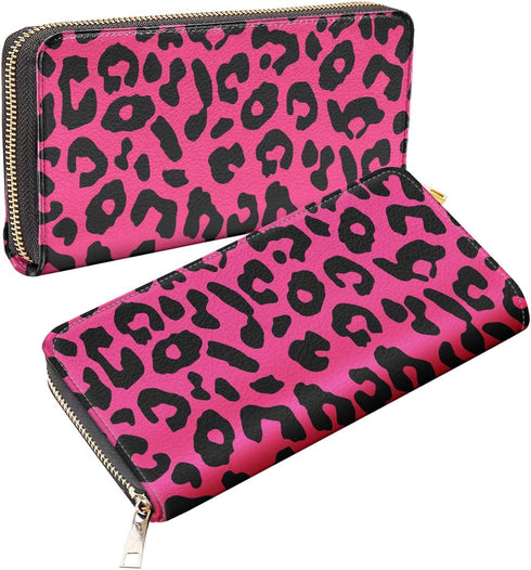 WIRESTER PU Leather Clutch Purse Card Holder Wallet, Zip Around Long Wallet for Women - Black Hot Pink Leopard...