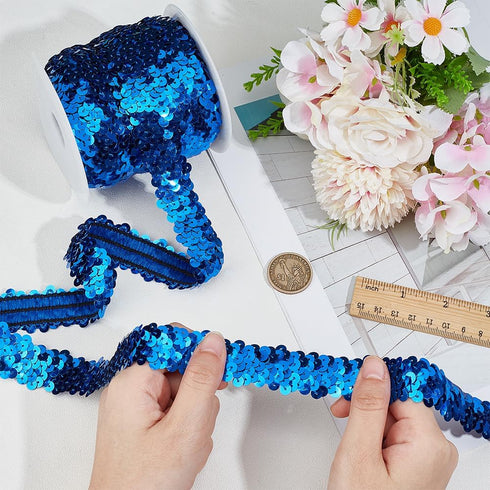 OLYCRAFT 11 Yards Elastic Sequin Trim Metallic Blue Stretch Fabric 1 Inch Wide 3 Row Sequin Trim Fabric Paillette Ribbon Trims for Dress Embellish...